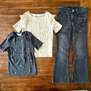 H&M 3 Piece Jeans Set - Cream Ruffle Sleeve Tee & Charcoal Dot Tee Size 8 EUC